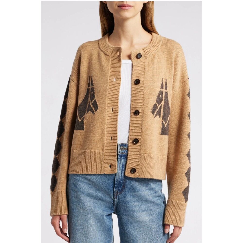 Sioni Equestrian Horse Cardigan Sweater Tan Knit Sz L Rodeo Western Cowgirl
